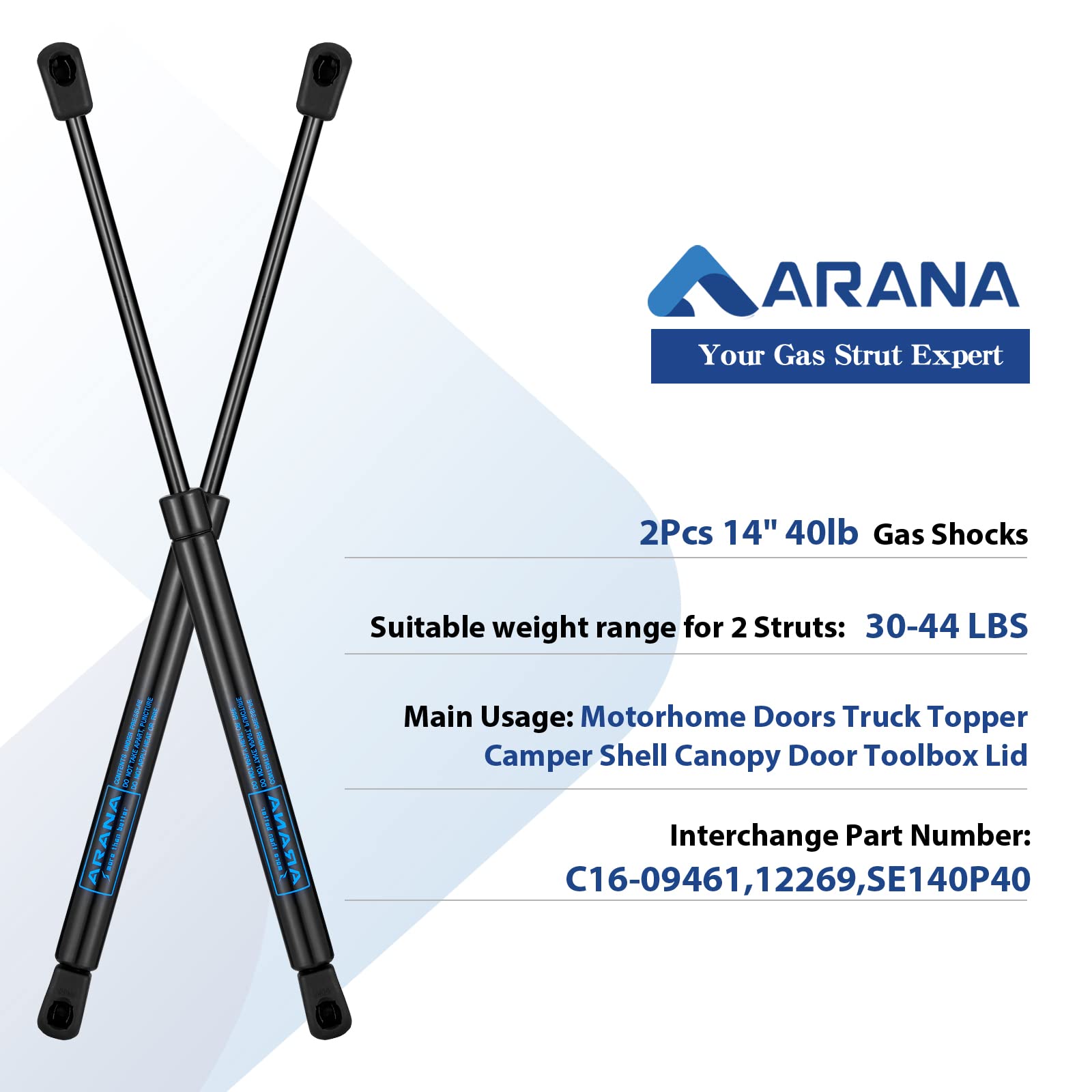 Arana C16-09461 14 Inch 40Lb/178N Gas Struts Spring Shocks, Sl-14-40 14 '' 40 Pounds Lift Support For Truck Topper Rear Window L