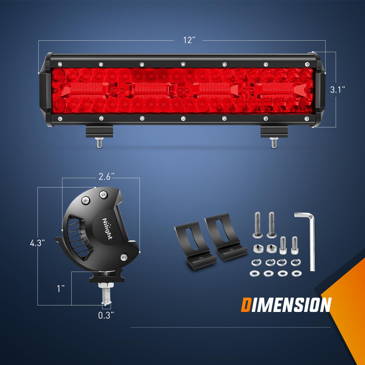 Nilight 12" LED Light Bar, 240W Red Pod Lights, Triple Row Spot Flood Combo, Model 18206R, Aluminum for Trucks, SUVs, ATVs, UTVs
