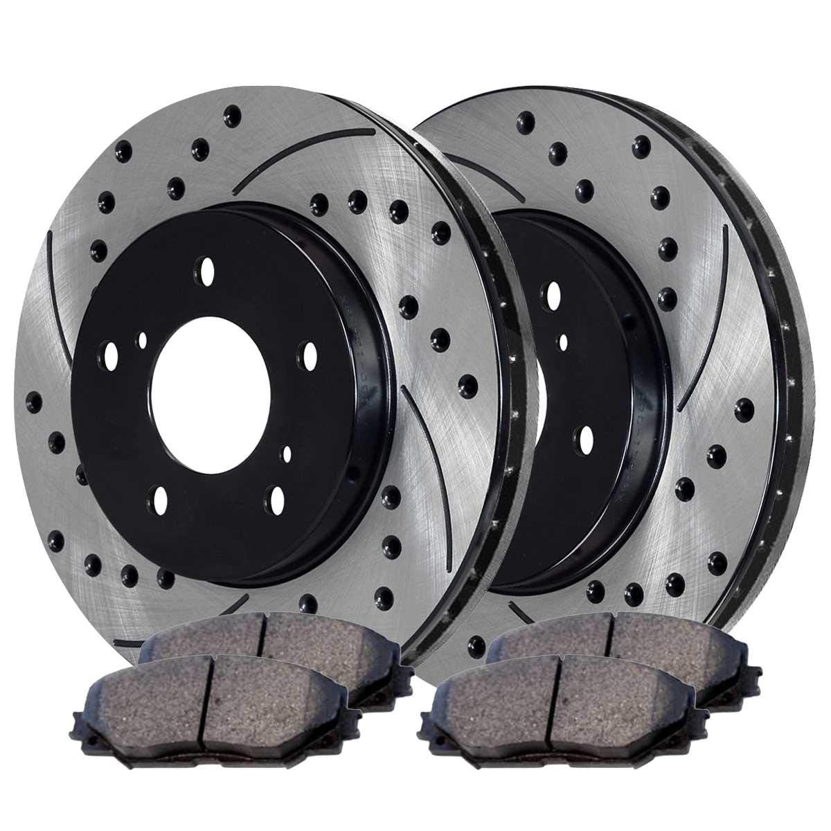 Autoshack Front Drilled And Slotted Brake Kit Rotors Black And Ceramic Pads Pair Of 2 Driver And Passenger Side Replacement For