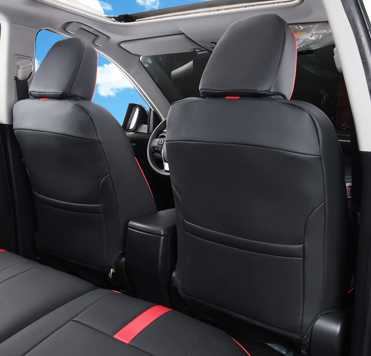 LULUDA Custom Fit Toyota RAV4 Seat Covers, Faux Leather, Waterproof, Black with Red Trim, Full Set for 2013-2018 RAV4