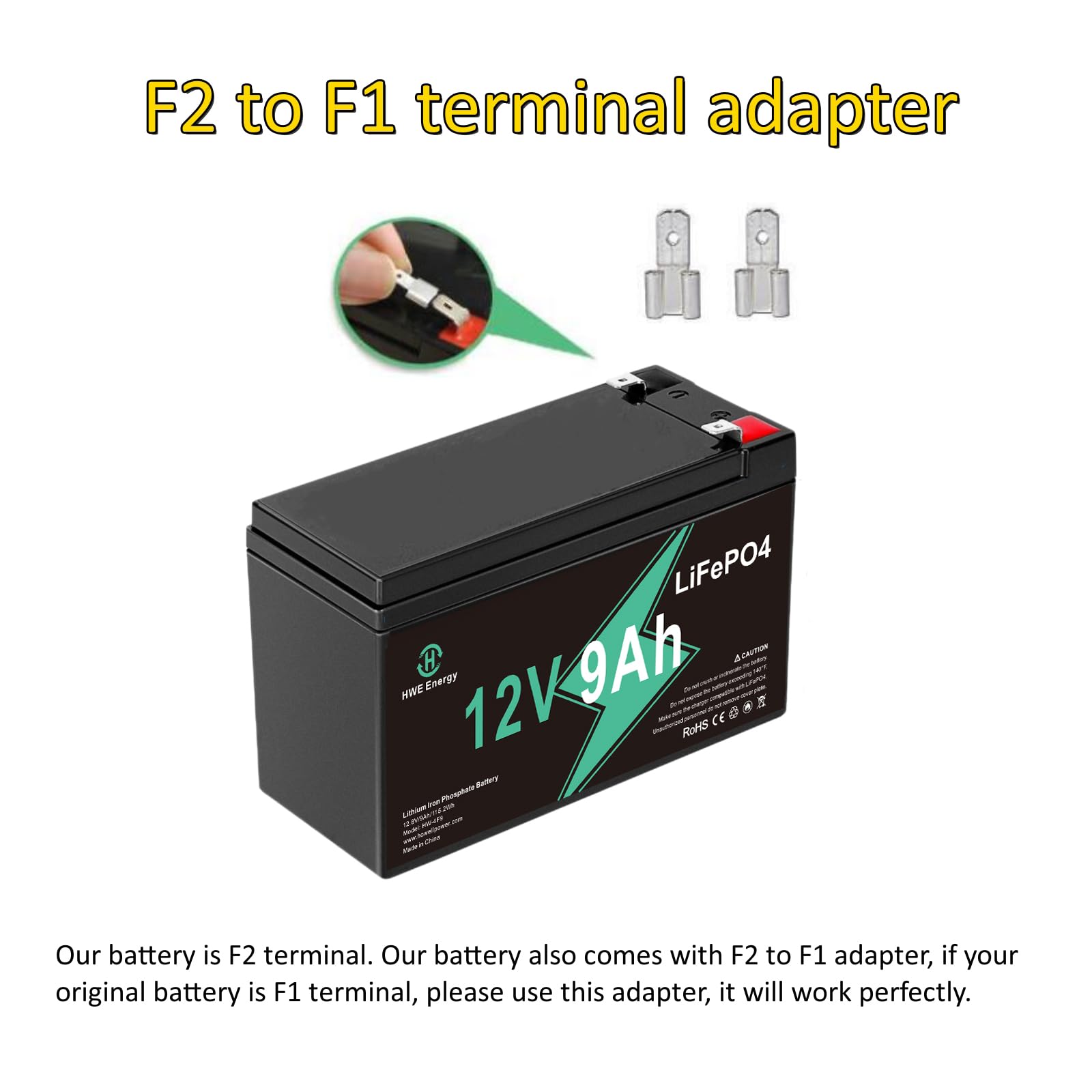 HWE Energy 12V 9Ah Lithium Battery, Rechargeable LiFePO4 with Smart 15A BMS, Black + Green, Model HWE1290