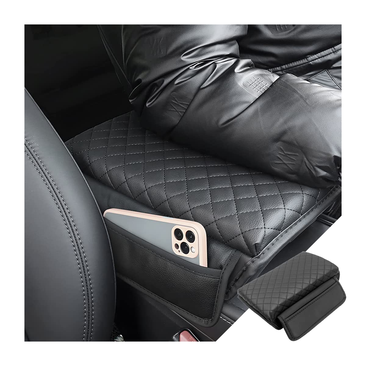 zipelo Car Armrest Cushion, Carbon Fiber Leather Auto Center Console Pad, Memory Foam Armrest Box with Storage Bag, Hand Rest Pi