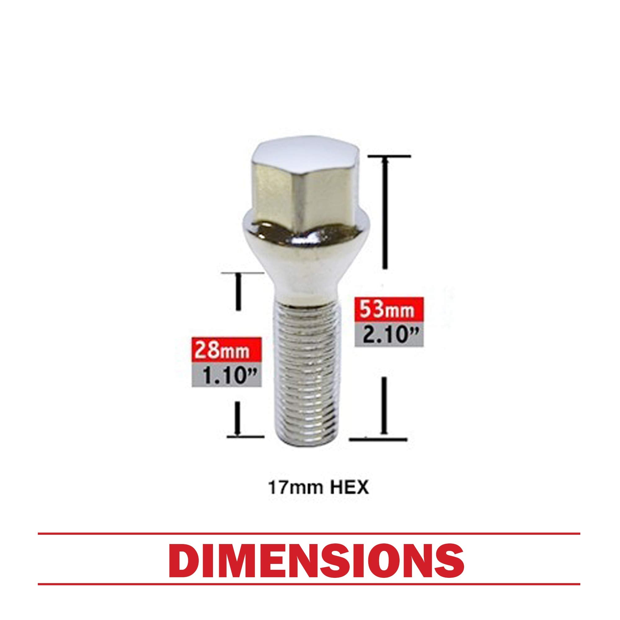 Wheel Accessories Parts Set Of 20 Chrome 12X1.75 Lug Bolt Kit Cone Seat Acorn 17Mm Hex, 28Mm Shank Length, M12X1.75 Thread Cone