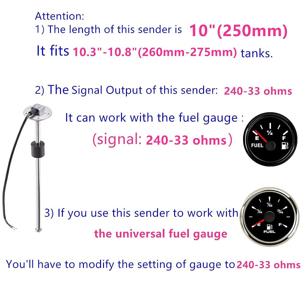 100TECH Fuel Sending Unit 240-33 ohms 10''(250mm) Marine for Boat Vehicle Truck RV Fuel Tank Sending Unit Water Level Sender Gas