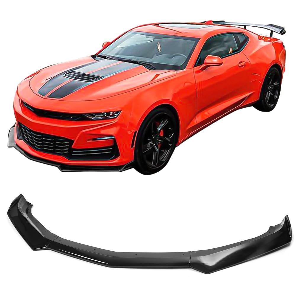 IKON MOTORSPORTS Front Bumper Lip for 2016-2024 Chevy Camaro, 1LE Style, Gloss Black, ABS Plastic Bodykit Spoiler