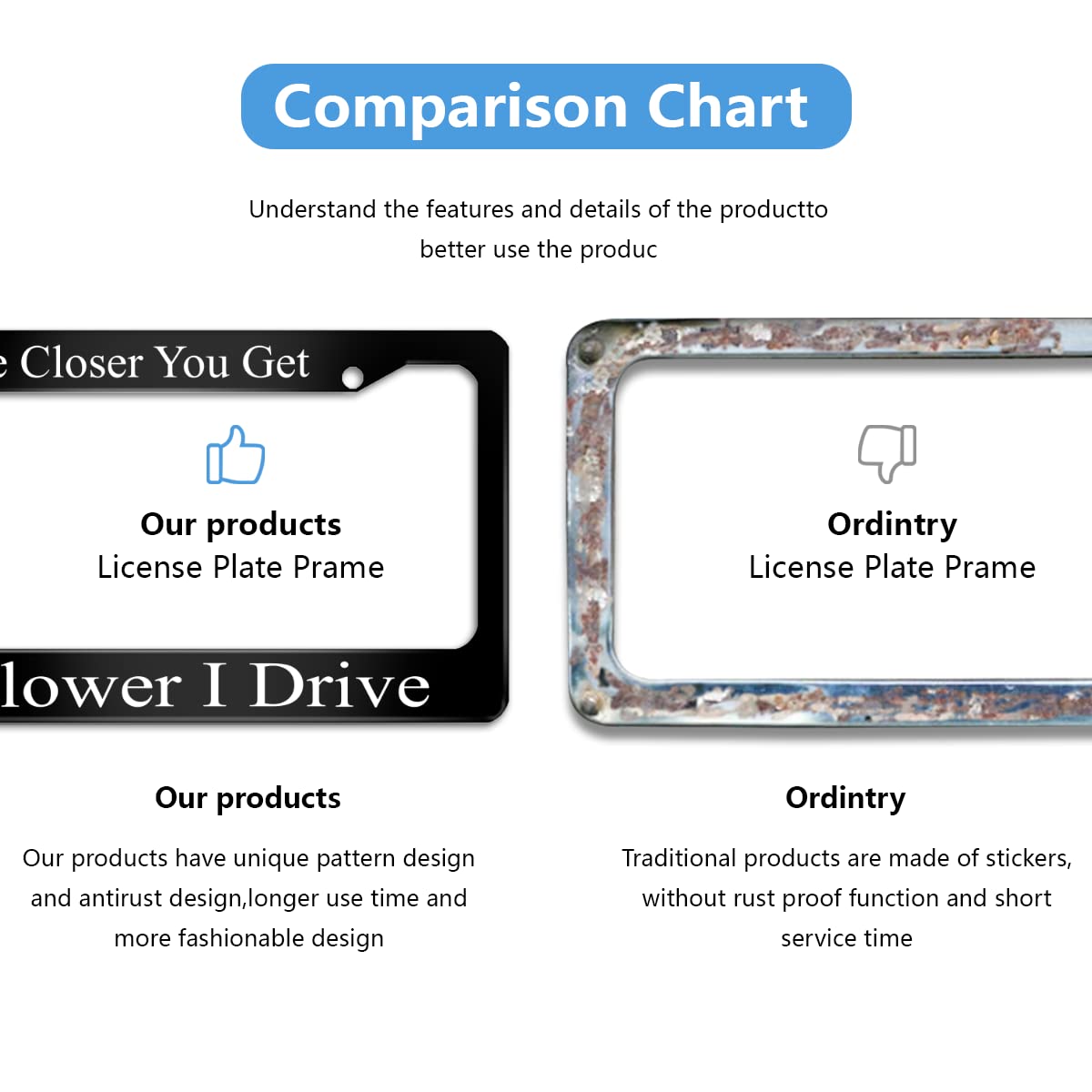 The Closer You Get The Slower I Drive License Plate Frame Stainless Steels Funny Black Car Tag Holder Frames with 2 Holes and Sc