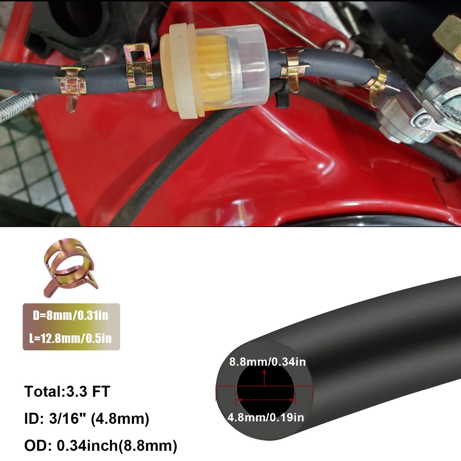 Tnisesm Gas Fuel Line Hose with Fuel Filters Inline Shut Off Valve Petcock Set SPring Clamps for 50cc 70cc 90cc 110cc 125cc 150c