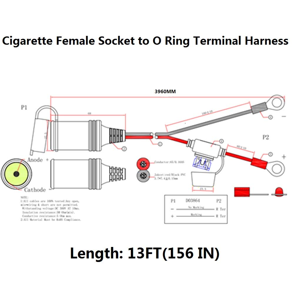 SPARKING 13FT 12V Female Cigarette Lighter Socket Adapter, Copper, SP-Female to Ring, Power Supply Connector Kit with 15 Fuse