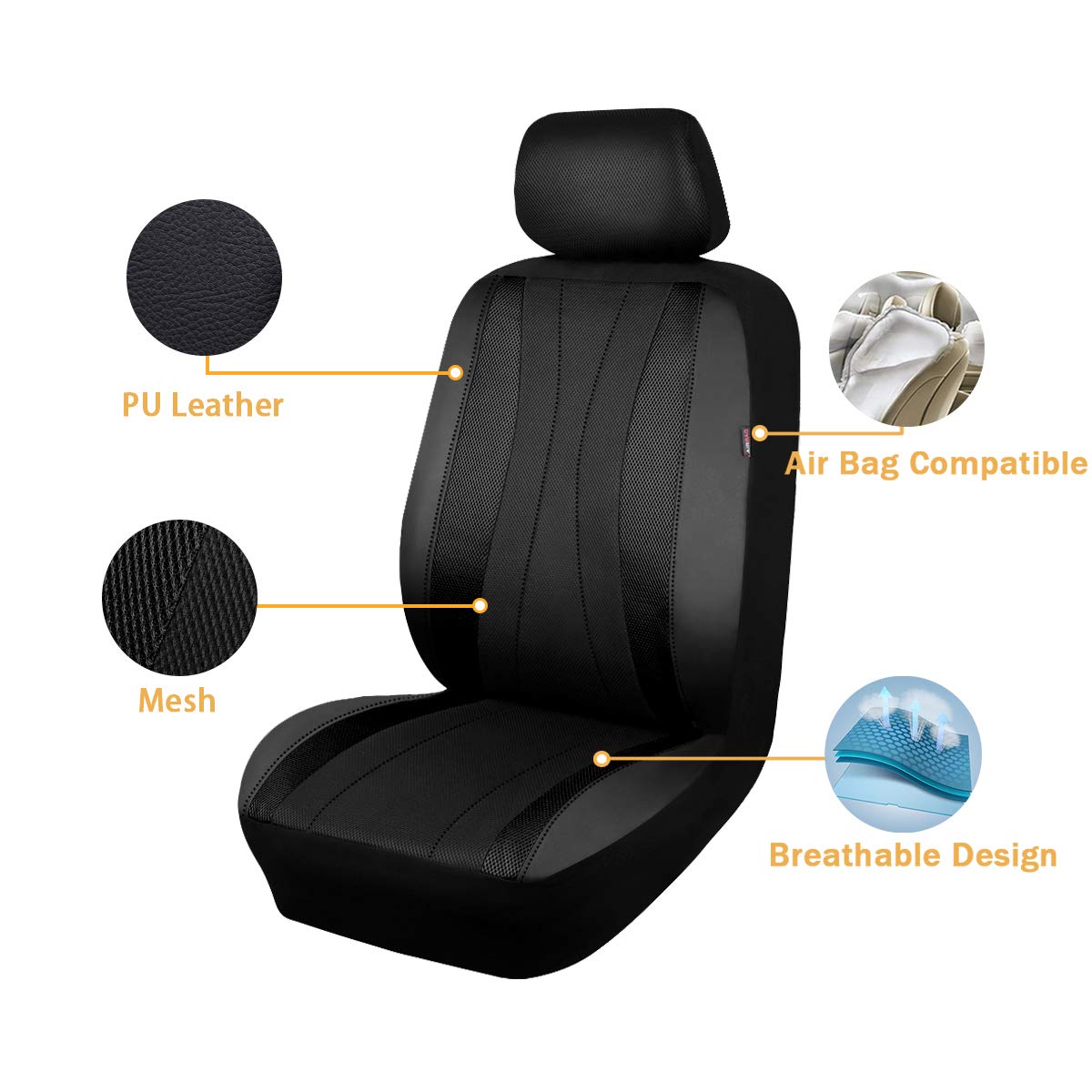 Flying Banner Car Seat Covers Full Set Faux Leather Air Mesh Breathable Man Lady Airbag Compatible Rear Bench Split 40/60 50/50 60/40 Truck Pick Up (Full Set - Low Back, Black Black)