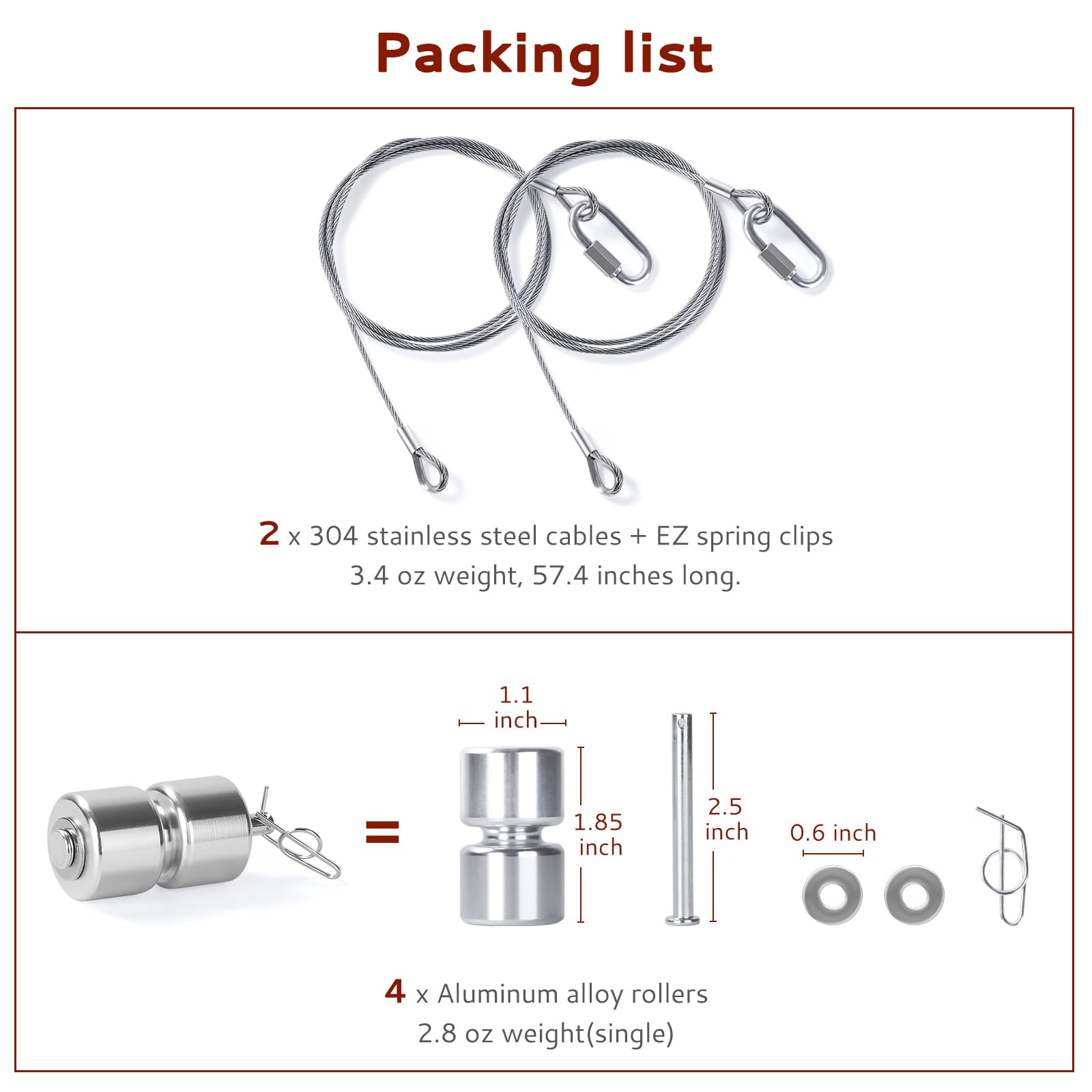 Creative.c 2Pcs Lift Cable for Gorilla Lift Trailer Gate Assist with 4Pcs Aluminum Rollers, Alloy Steel, Easy Installation