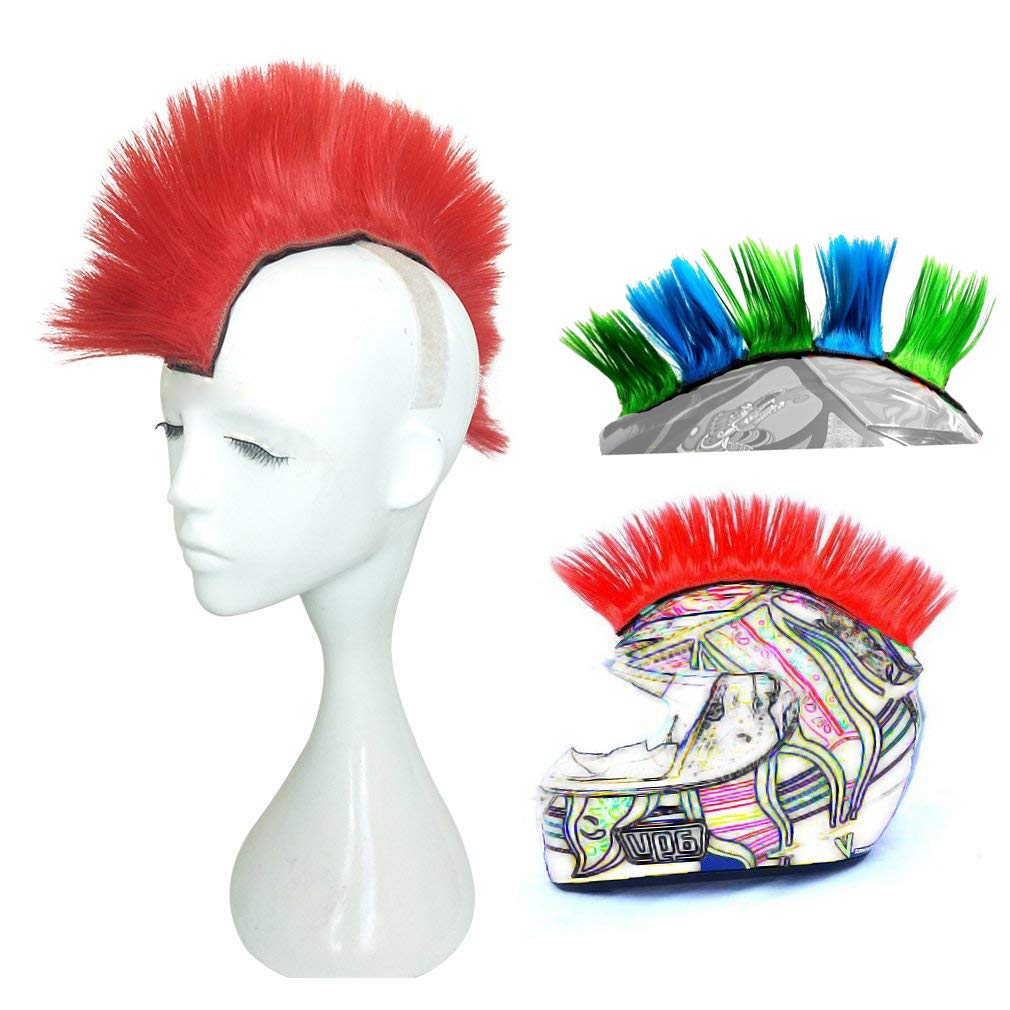 Helmet Mohawk Wig Motorcycle Adhesive Mohawk Hair Patches Skinhead Costumes Wig-Red (Helmet Not Included)