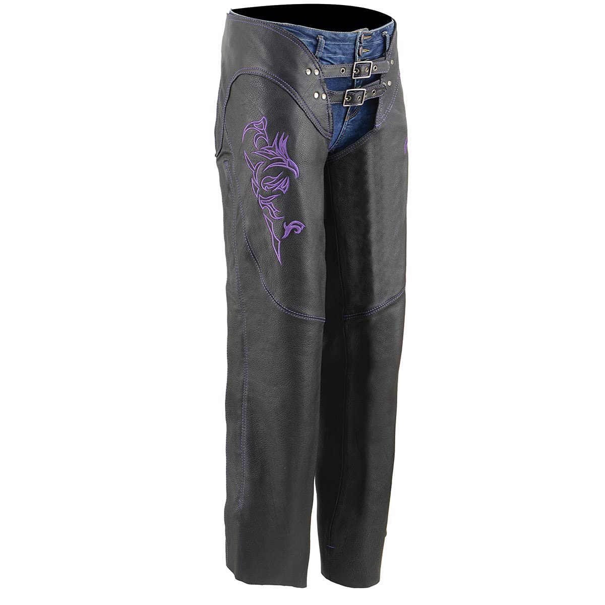 Milwaukee Leather Chaps for Women Black and Purple Low-Rise Waist- Double Buckle Reflective Embroidery Motorcycle Chap- ML1187 -