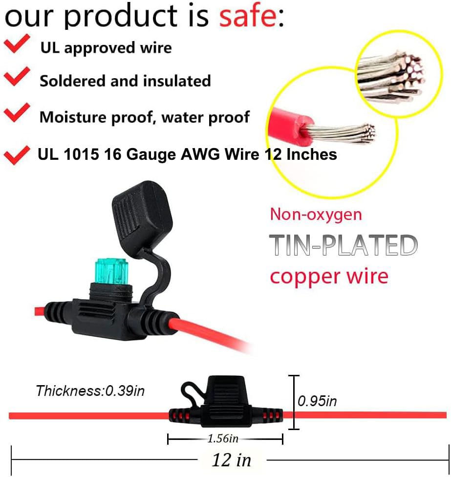 Vantronik Waterproof Inline Fuse Holder 10 Pack For Mini Fuse,16 Gauge Awg Wire Ul1015, For Atm Blade Fuse, 12 Inches Long