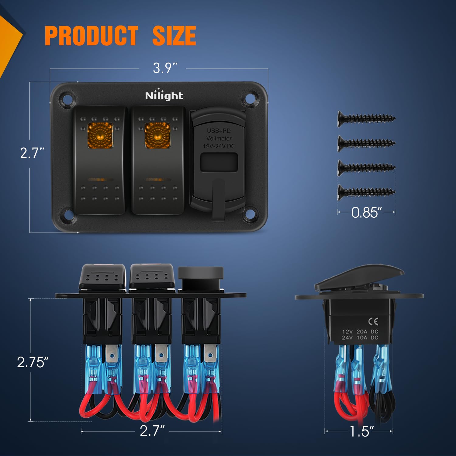 Nilight 2 Gang Rocker Switch Panel With Pd Type C And Usb Charger Voltmeter 12V Spst On Off Togglr Switches Panel W/Orange Backl