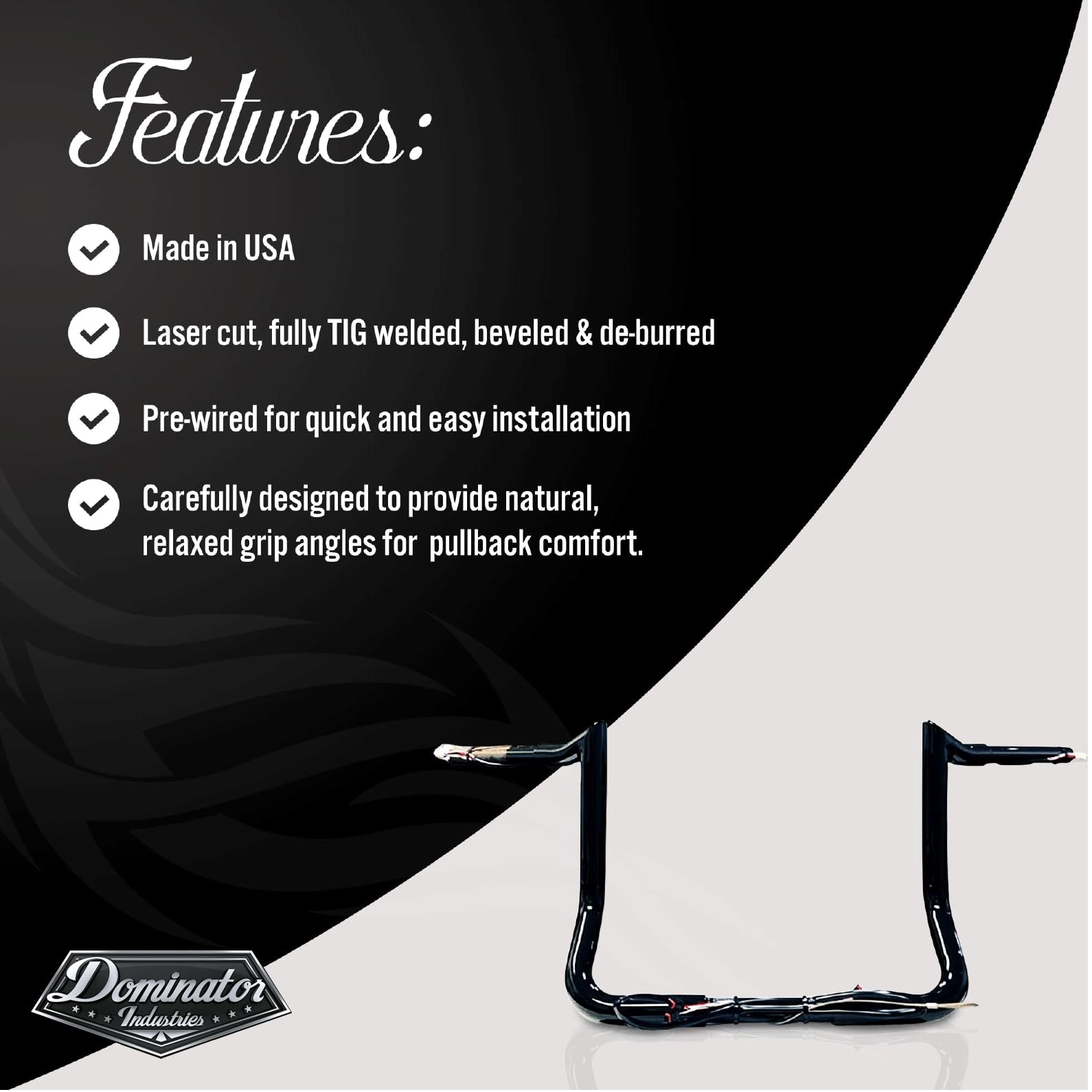 Dominator Industries 12" Meathook Bar Ape Hangers Handlebars for 2014-2023 Harley-Davidson Bagger Touring, Gloss Black