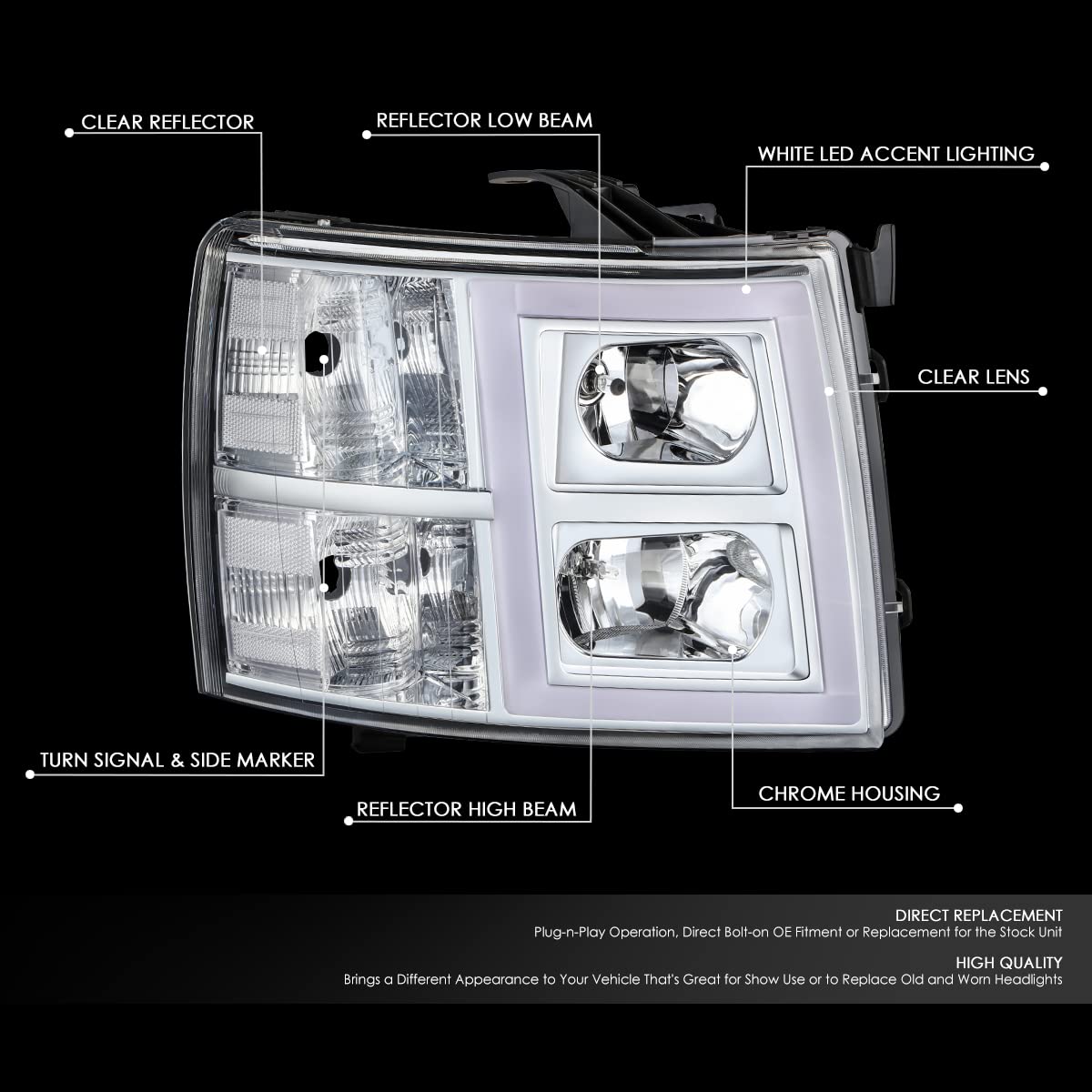 Dna Motoring Hl-Hpl-Csil07-G5-Ch-Cl1 Pair Of Led Drl Headlights Compatible With 07-13 Silverado 1500/07-14 Silverado 2500 Hd 350