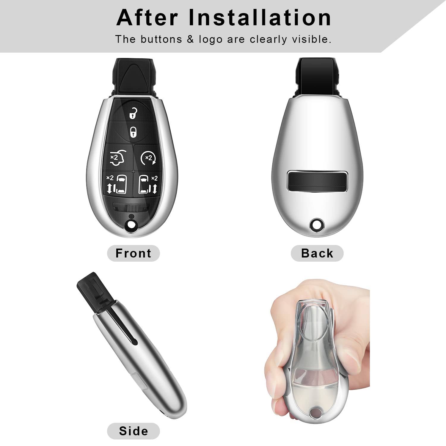 QBUC Dodge Key Fob Cover - TPU Case with Keychain, Universal Size, Silver - Compatible with 2008-2018 Dodge Ram, Jeep, Chrysler