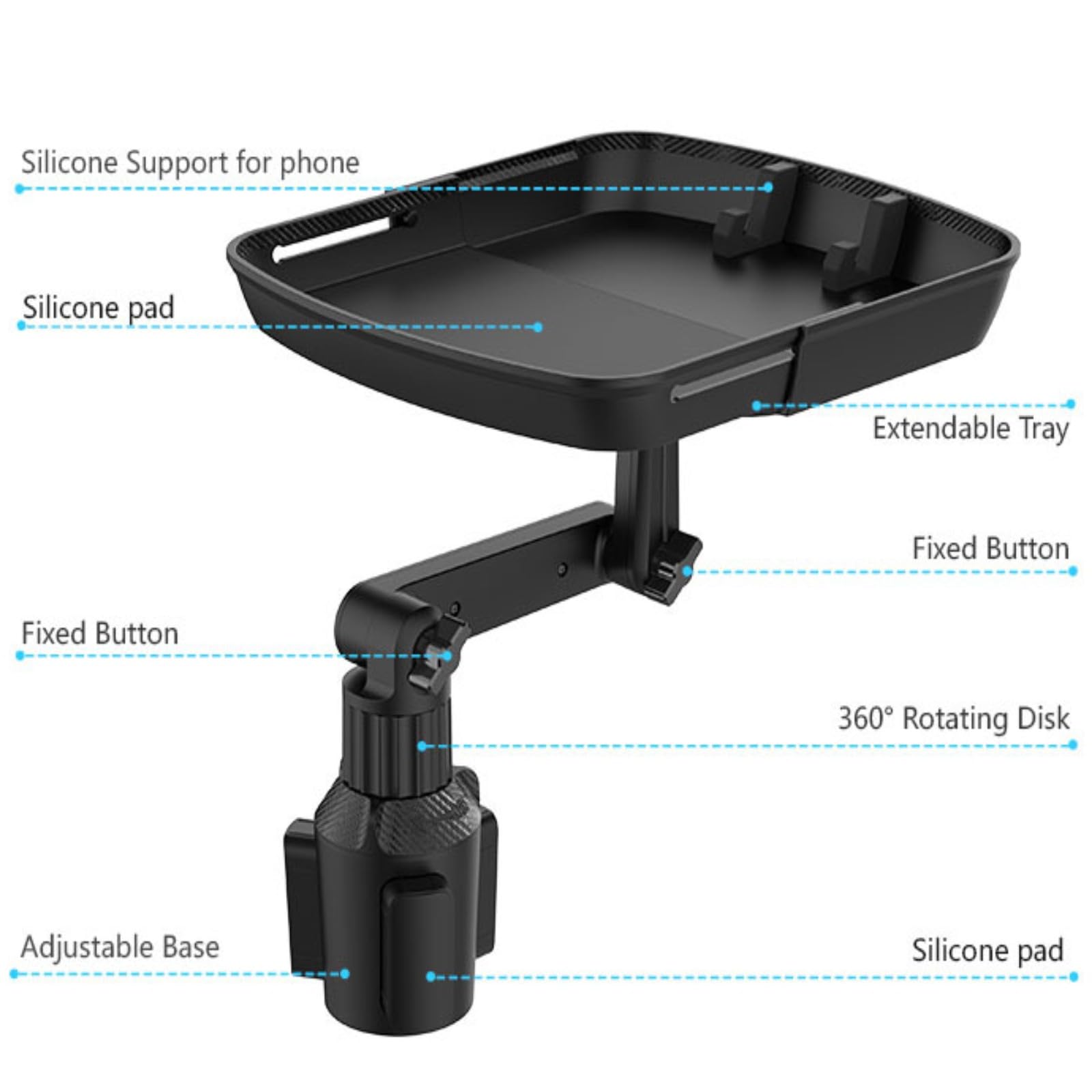 Kelofam 10" Car Food Tray - Detachable Cup Holder Expander, 360° Rotating, Black, Model KLF23002