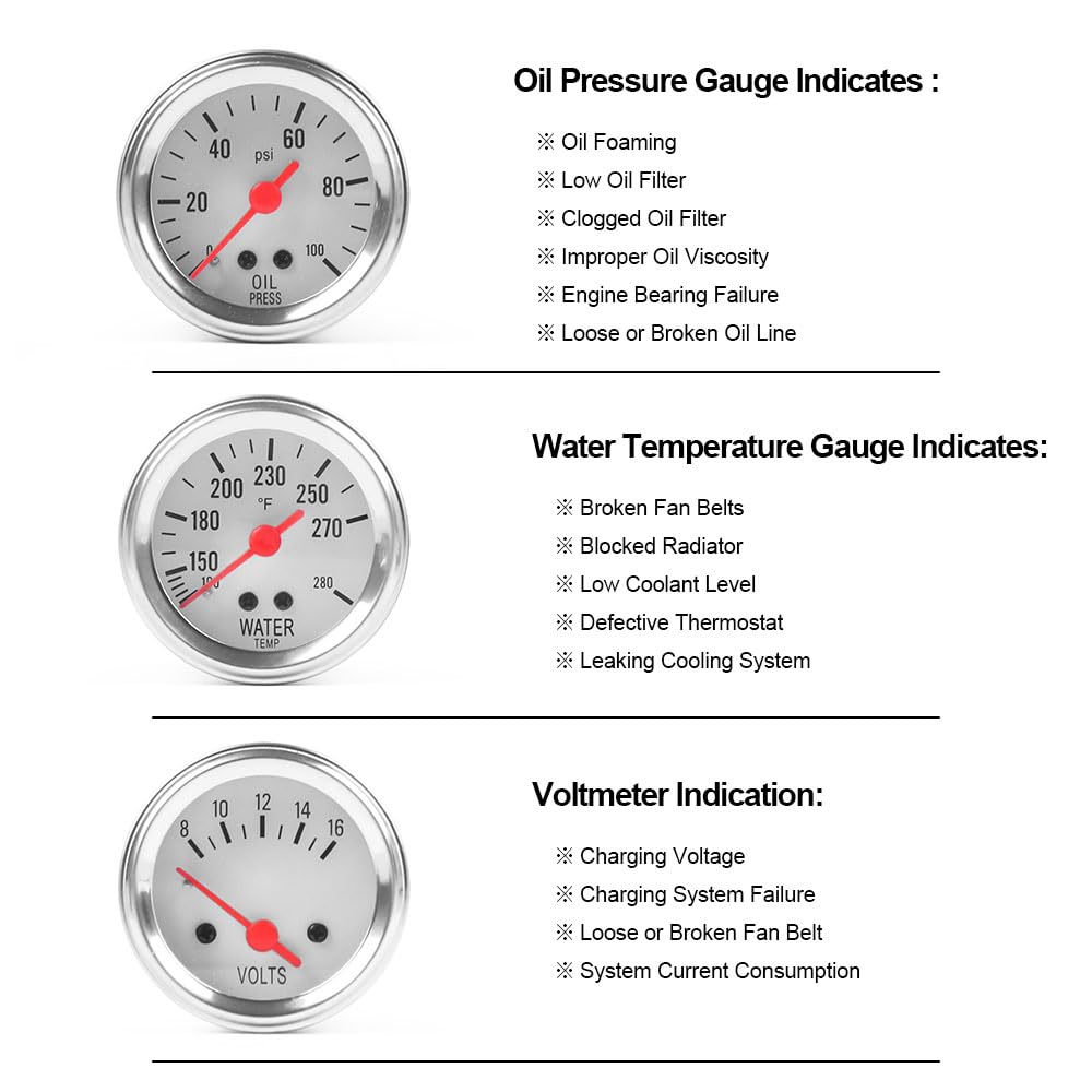 Dyno Racing 2inch 52MM Triple Gauge kit Volt Meter Water Temp Temperature Gauge Oil Press Pressure Gauge Car Meter Triple Gauge