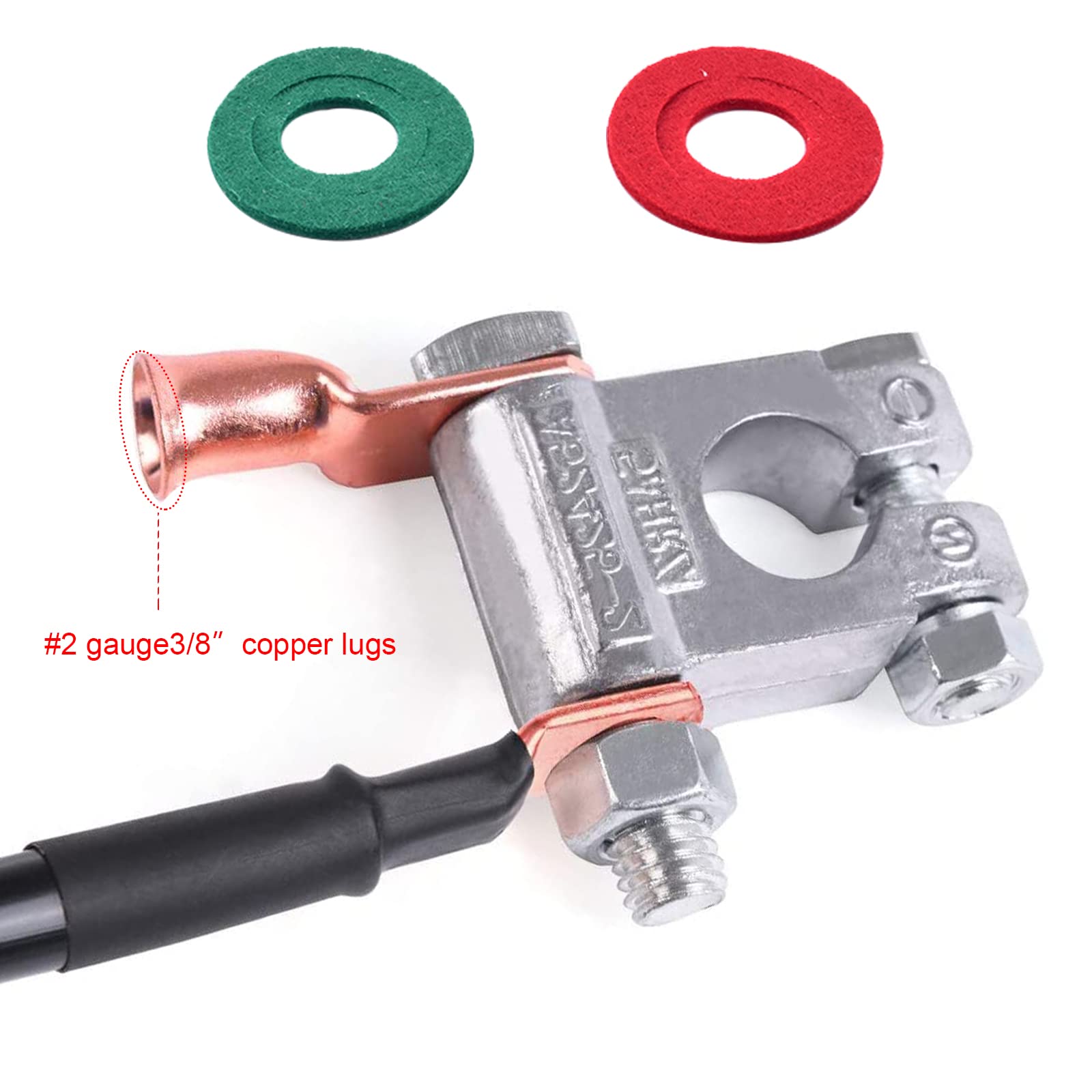 HGNVGZ Battery Terminal Connectors Kit - Heavy Duty Copper, 2 Gauge, Includes 4 Lugs, 4 Heatshrink, 2 Covers, Anti-Corrosion Washers