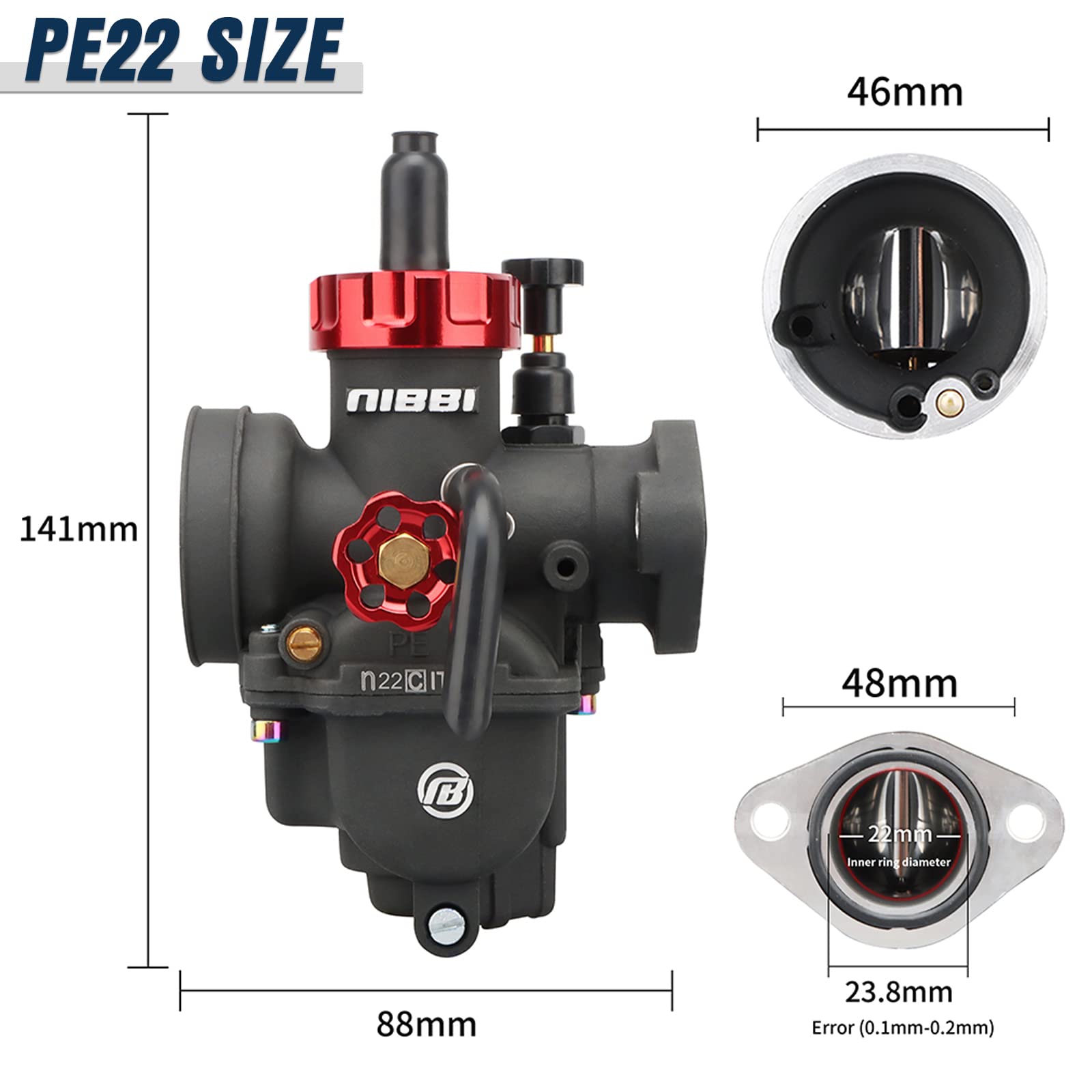 NIBBI PE22mm Carburetor for 125cc-140cc Motorcycle Engines, Aluminium Alloy, Fits Apollo RFZ125 SSR125 GY6 ATV Pit Dirt Bikes