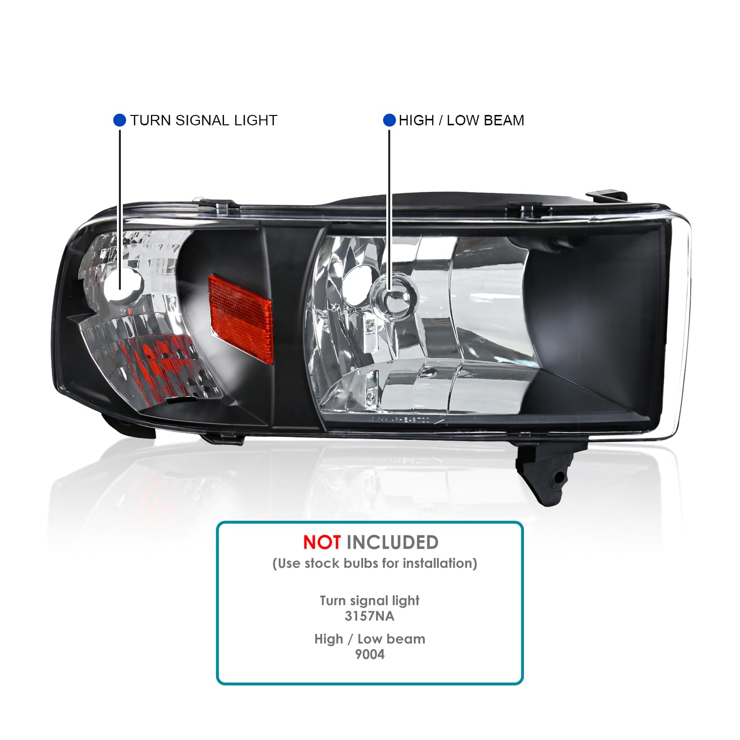Spec-D Tuning 1PC Style Black Headlights Compatible with 1994-2001 Dodge Ram 1500, 1994-2002 Ram 2500 3500, L+R Pair Head Lights