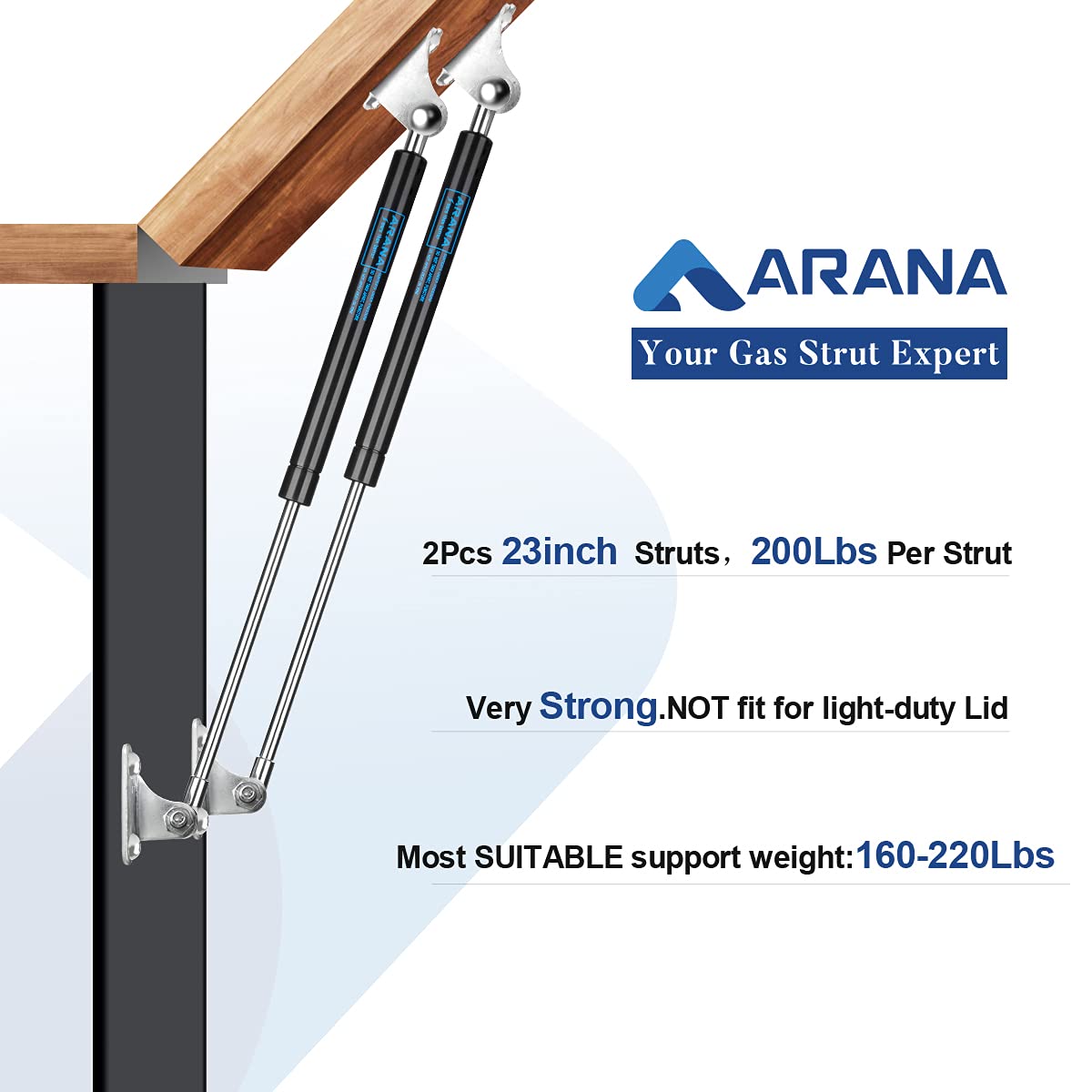 ARANA Gas Struts 23" 200LB Heavy Duty Piston Springs with L Bracket, Black, Ideal for Murphy Bed & Outdoor Box Lid, 2Pcs