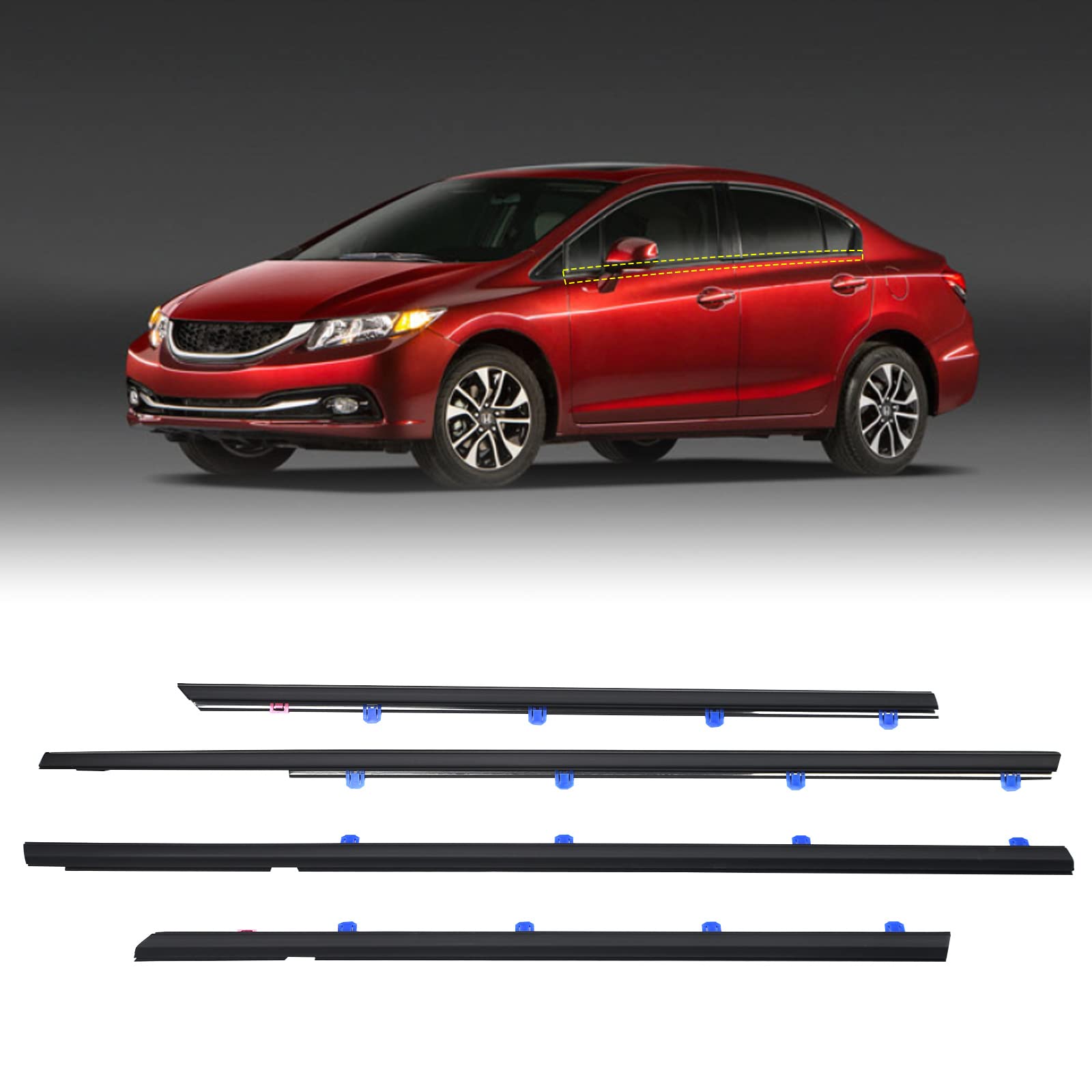 ZONFANT Car Door Window Moulding Trim Seal Set, Black, PVC/PU, 2012-2015 Honda Civic, Model ZON-72450-TR0-A01,