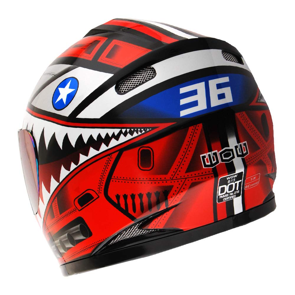 Wow Youth Motorcycle Full Face Helmet Street Bike Bmx Mx Kids Shark Red + Mx Skeleton Glove Bundle