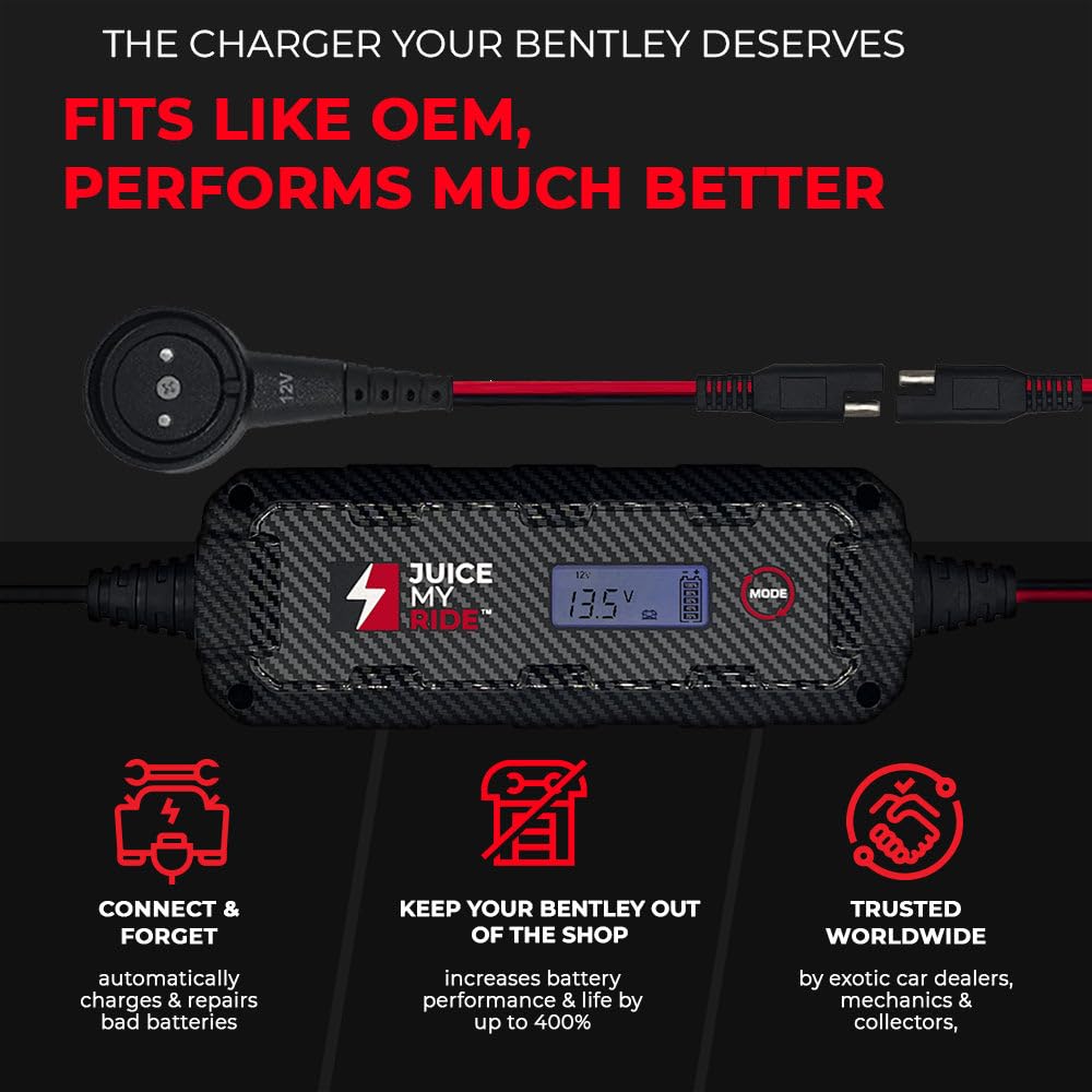 Juice My Ride JMR Battery Charger for Bentley GT/Bentayga/Flying Spur/Mulsanne, Magnetic Port, Add Lithium Mode, Model JSC-6A
