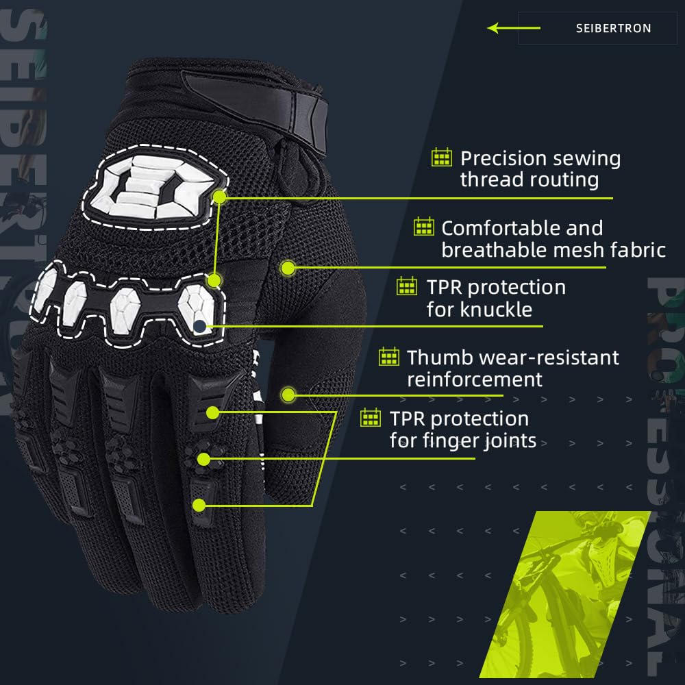 Seibertron Dirtpaw Full Finger Gloves for BMX/MX, Size M, Black, Spandex Material, Touch Recognition, Adult Size