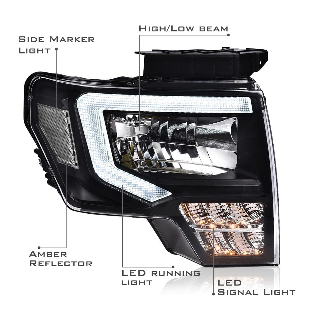 CHEDA LED Headlight Assembly for Ford F150 2009-2014, Clear Lens, Black Housing, Clear Reflector, FO2503289, FO2502287