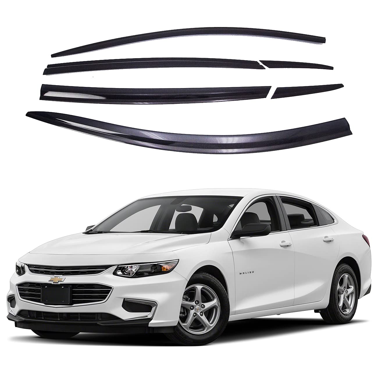 AUTO CLOVER Tape-On Rain Guards for Chevrolet Malibu 2016-2024, Smoked ABS Window Visors, Out-Channel Vent Shades, 6 Pcs Set