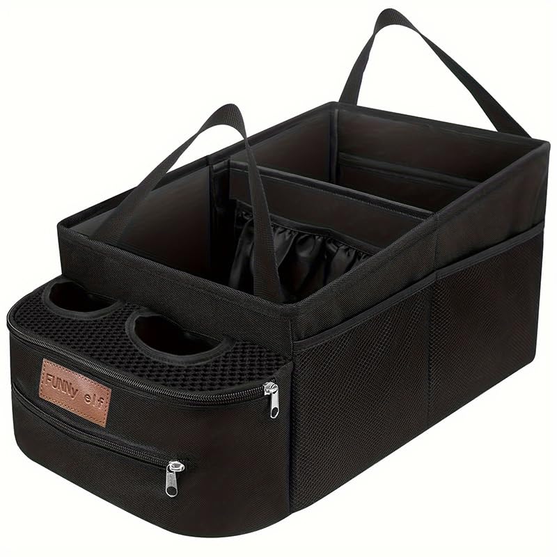 Funny Elf Passenger Seat Organizer, Collapsible Car Storage With Partitions & 4 Cup Holders For Front Or Back Seat