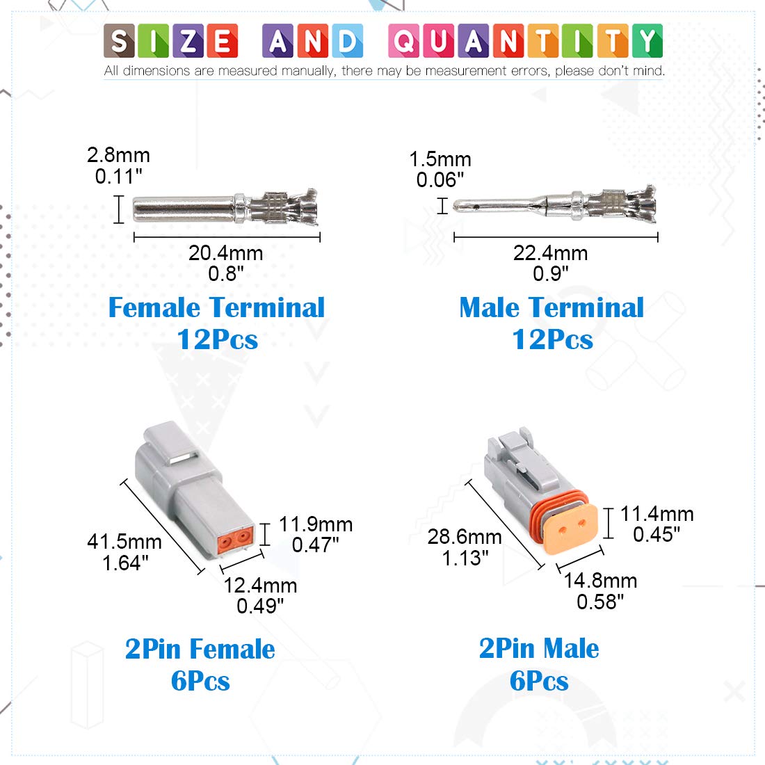 Glarks 30Pcs 2 Pin Way Sealed Gray Male and Female Auto Waterproof Electrical Wire Connector Plug 22-16AWG Connector for Motorcy