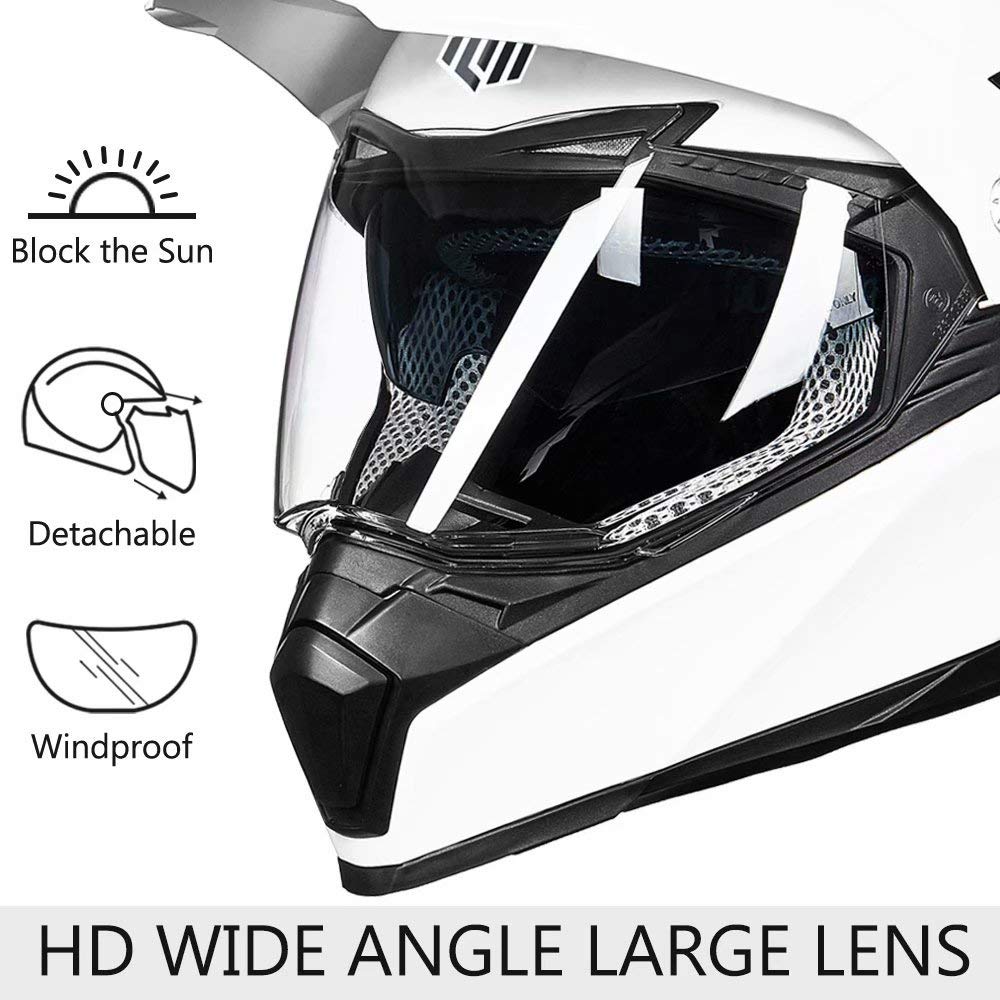 Ilm Off Road Motorcycle Dual Sport Helmet Full Face Sun Visor Dirt Bike Atv Motocross Casco Dot Certified Model 606V(White, L)