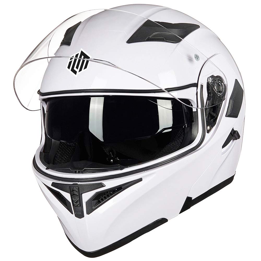 Ilm Motorcycle Dual Visor Flip Up Modular Full Face Helmet Dot 6 Colors Model 902 (Xl, White)