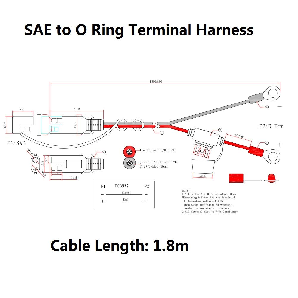 Sparking 6Ft Ring Terminal Cable - Sae To O Ring Terminal Harness Quick Connect/Disconnect Assembly, 10A Fuse (6Ft)