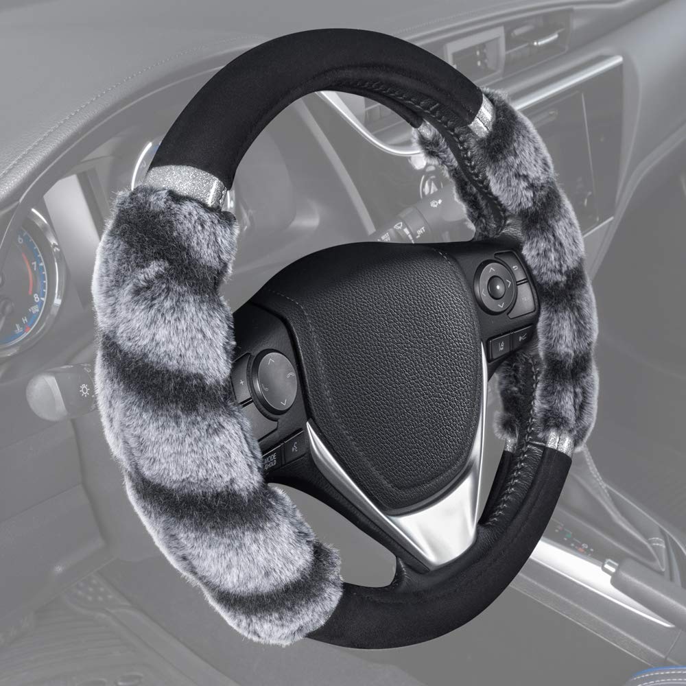 Bdk Bear Fur Plush Steering Wheel Cover - Cute Faux Wool Protector For Women Girls Fits Wheels 14.5-15 Inch Two Tone Black/Gray