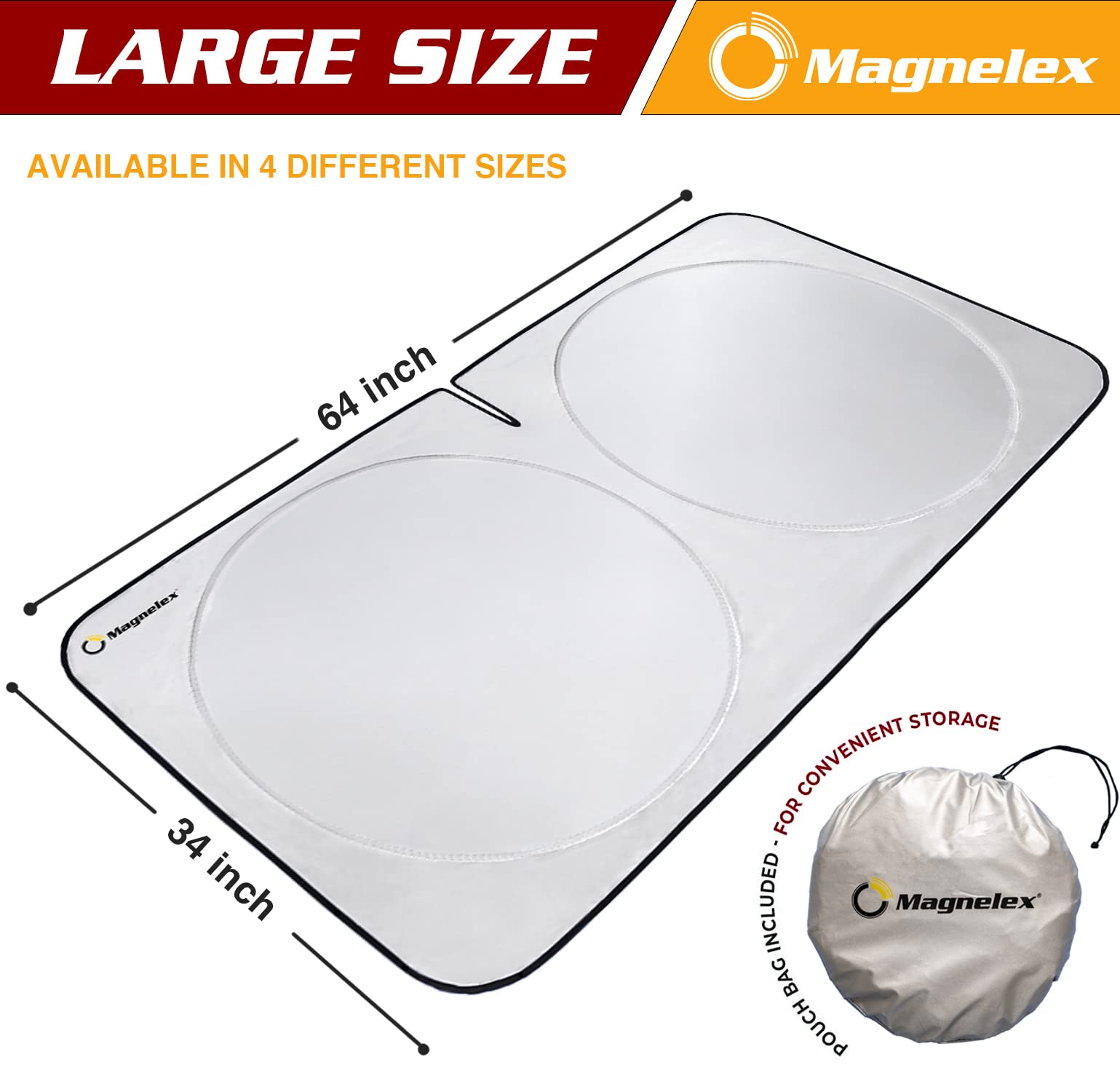 Magnelex Car Windshield Sun Shade With Storage Pouch. Reflective 240T Material Car Sun Visor With Mirror Cut-Out For Car, Truck, Van Or Suv. Foldable Sun Shield For Sun Heat And Uv Protection (Large)