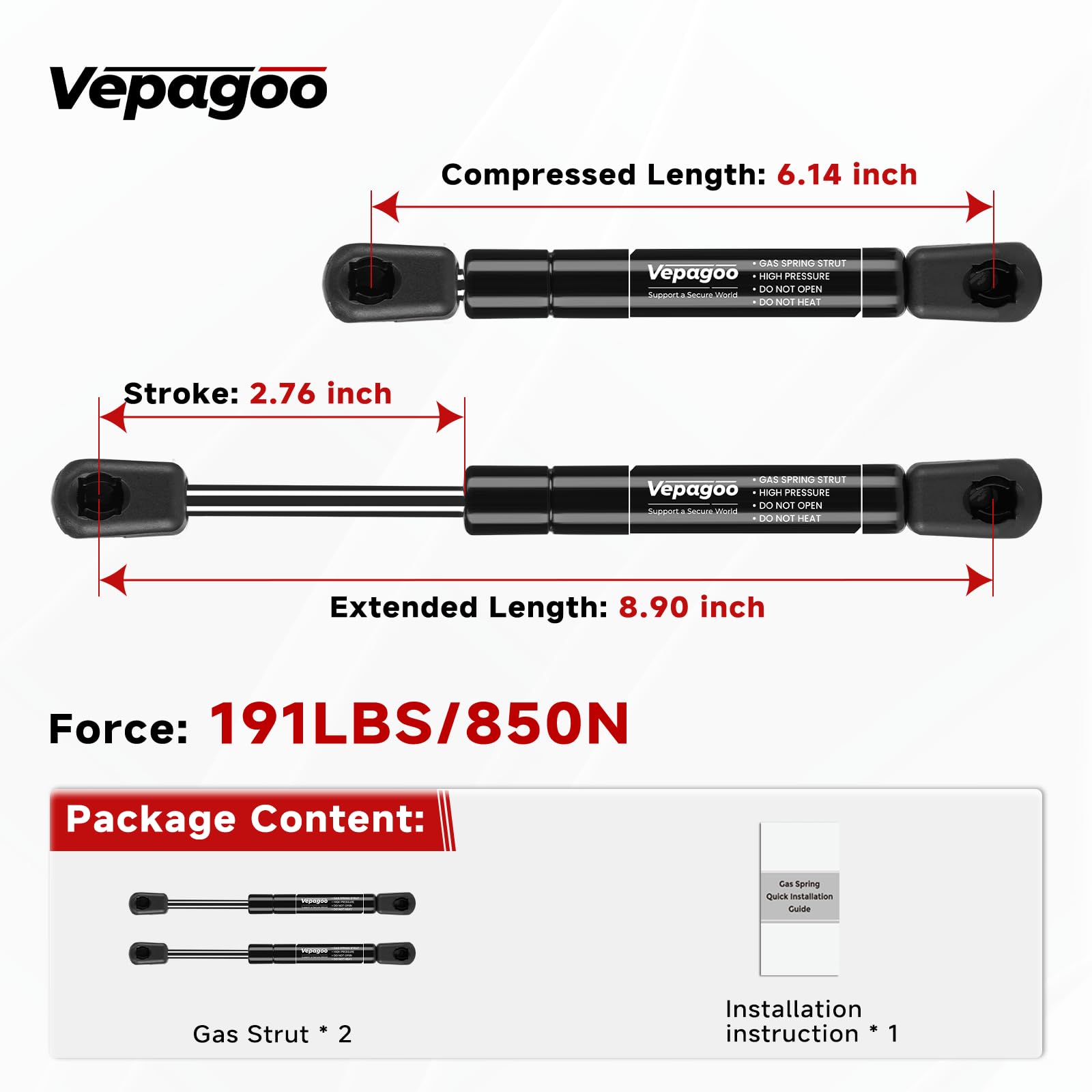 Vepagoo 9 Inch Gas Struts for Truck Tool Box Shocks, 190Lb Lift Support, Model PM3065N10, Black, Set of 2