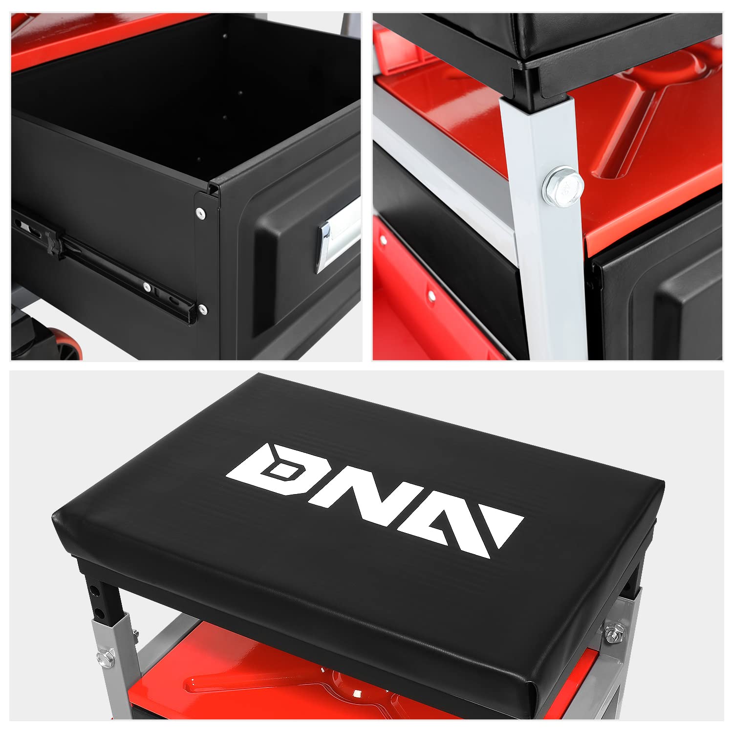 Dna Motoring Tools-00198 Adjustable Height Mechanics Roller Seat Creeper Stool With Padded Cushion, Tool Storage Drawer & Tray,