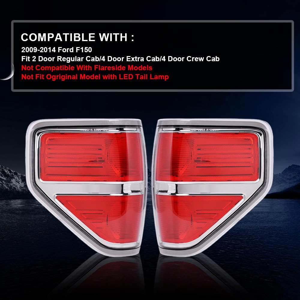 PIT66 Tail Lights for 2009-2014 Ford F150, Red Lens, Chrome Trim, Durable Polycarbonate, Left & Right Rear Brake Lamps Assembly