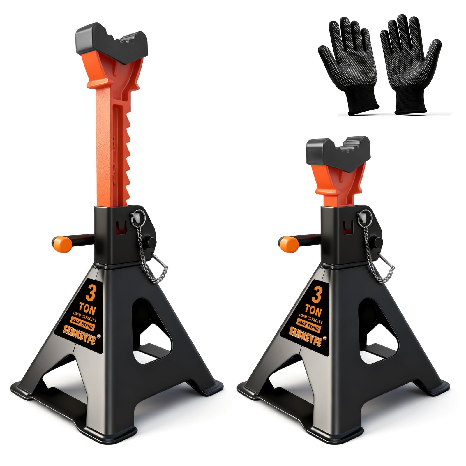 SENKEYFE 3 Ton (6,600 LBs) Jack Stands with Crossbars,Double Pin Locking,Rubber Cover,Large Foot Base,12-16 Adjustable Height,He
