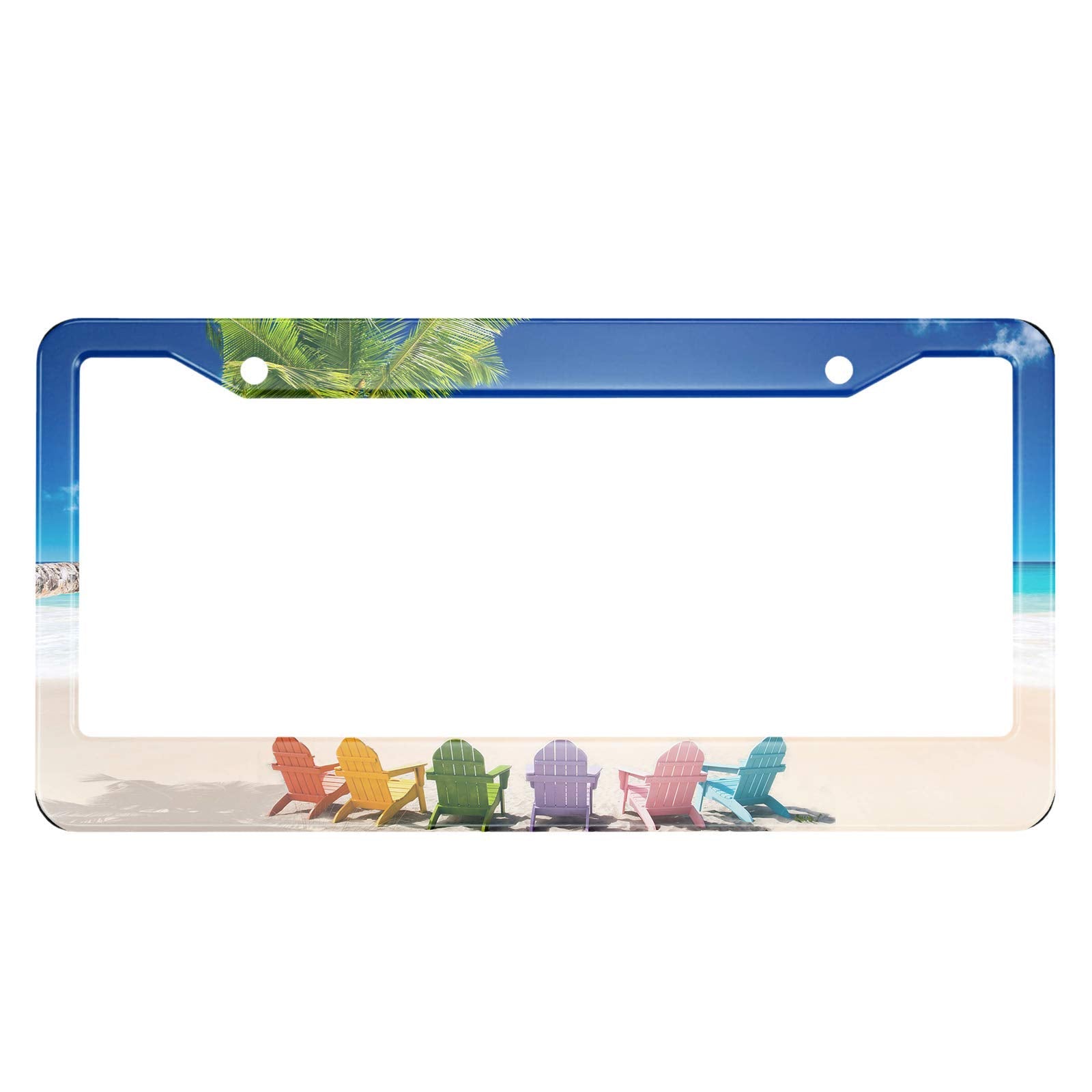 HOSNYE Beach Loungers License Plate Frame Colorful Chairs in Tropical Summer Palm Tree Metal License Plate Cover Front Plates Fr