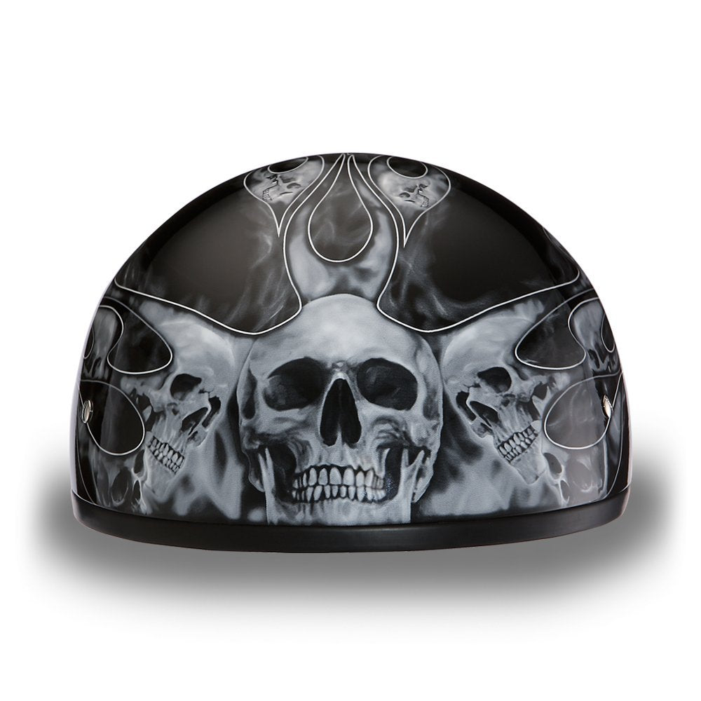 Daytona Helmets Motorcycle Half Helmet Skull Cap- Skull Flames Silver 100% Dot Approved