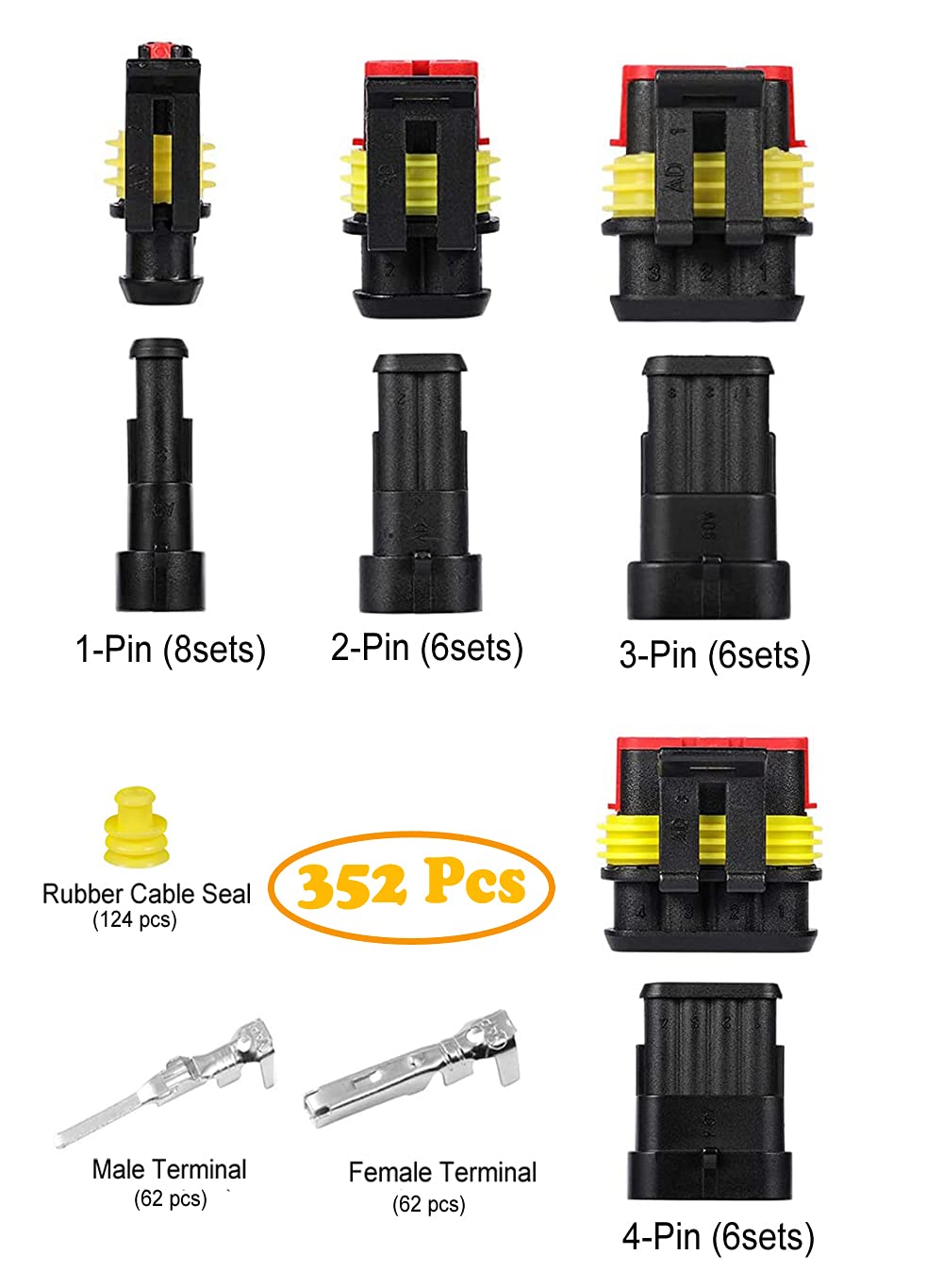 Twippo 352Pcs Waterproof Car Electrical Connector Terminals Automotive Electrical Wire Connector Plug Kit 1/2/3/4 Pin Connectors Male And Female