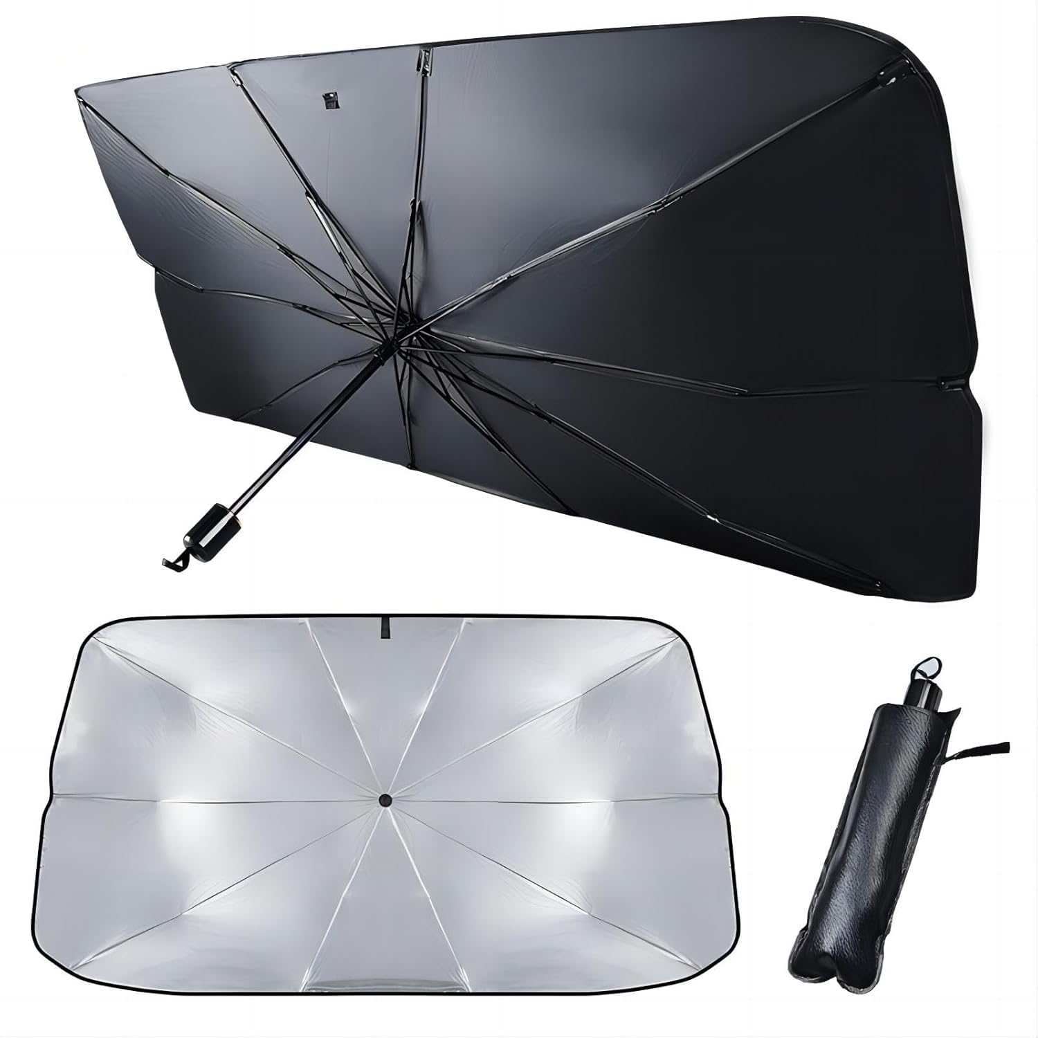 MECHZEST Car Windshield Sunshade Umbrella, Foldable UV Protection, Black Silver, Front Window Sun Blocker