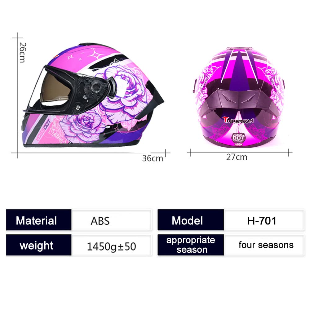TRIPERSON Full Face Motorcycle Helmet DOT Approved, Large, Rose Color Mirror, ABS Material for Men and Women