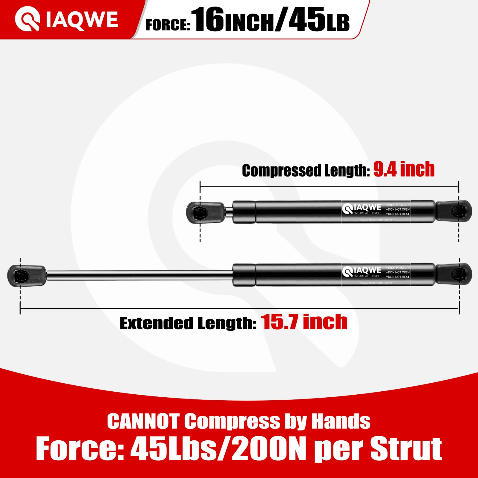 IAQWE Gas Struts Shocks Springs Lift Support 16" 45Lb for Snugtop/Leer Truck Camper Shells - 2PCS, Black, Model C1622331